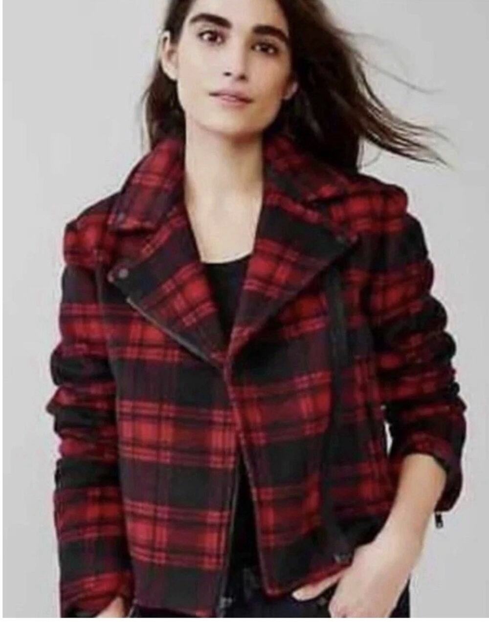 Gap Womens Red Black Buffalo Plaid Wool Blend Moto Jacket M Asymmetric Zip Fall